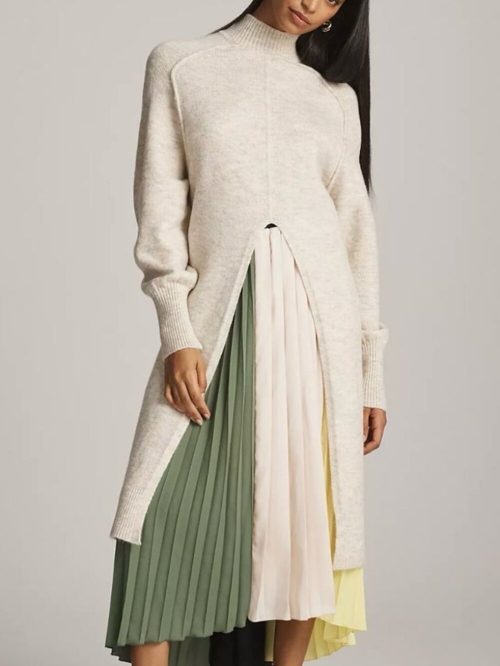 Anthropologie Longline Split Sweater XS Oatmeal Mock Neck Tunic